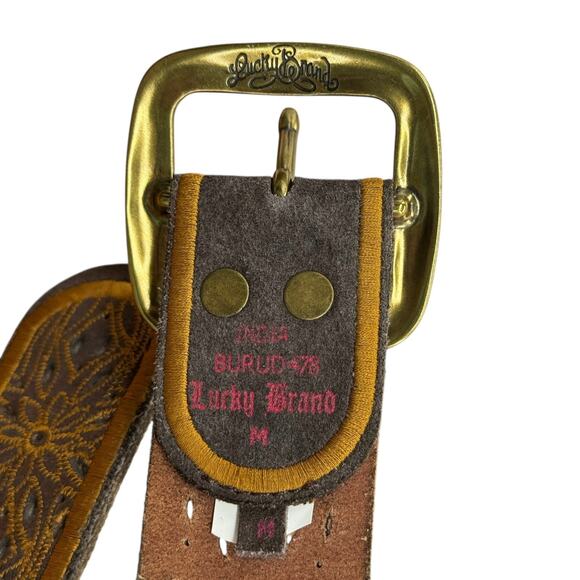 Lucky Brand Wide Belt Leather Embroidered Cutout SZ M Womens Brown Western Boho - Picture 3 of 11